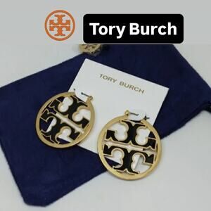 Tory Burch Gold and Black Enamel Logo Hoop Earrings NWT